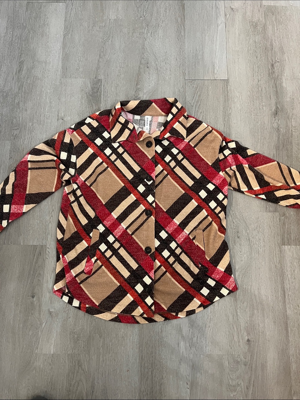 Zenana Outfitters Plaid Button-Down Shirt Jacket in Tan, Red & Black